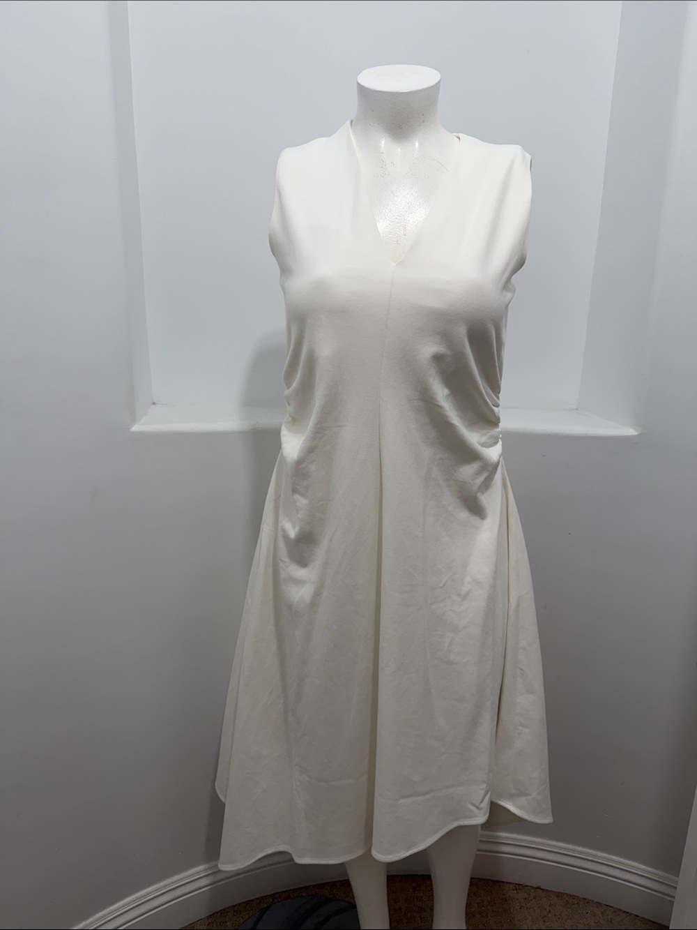 COS Womens L Ivory Asymmetric Midi Dress Ruched Draped V Neck NWT